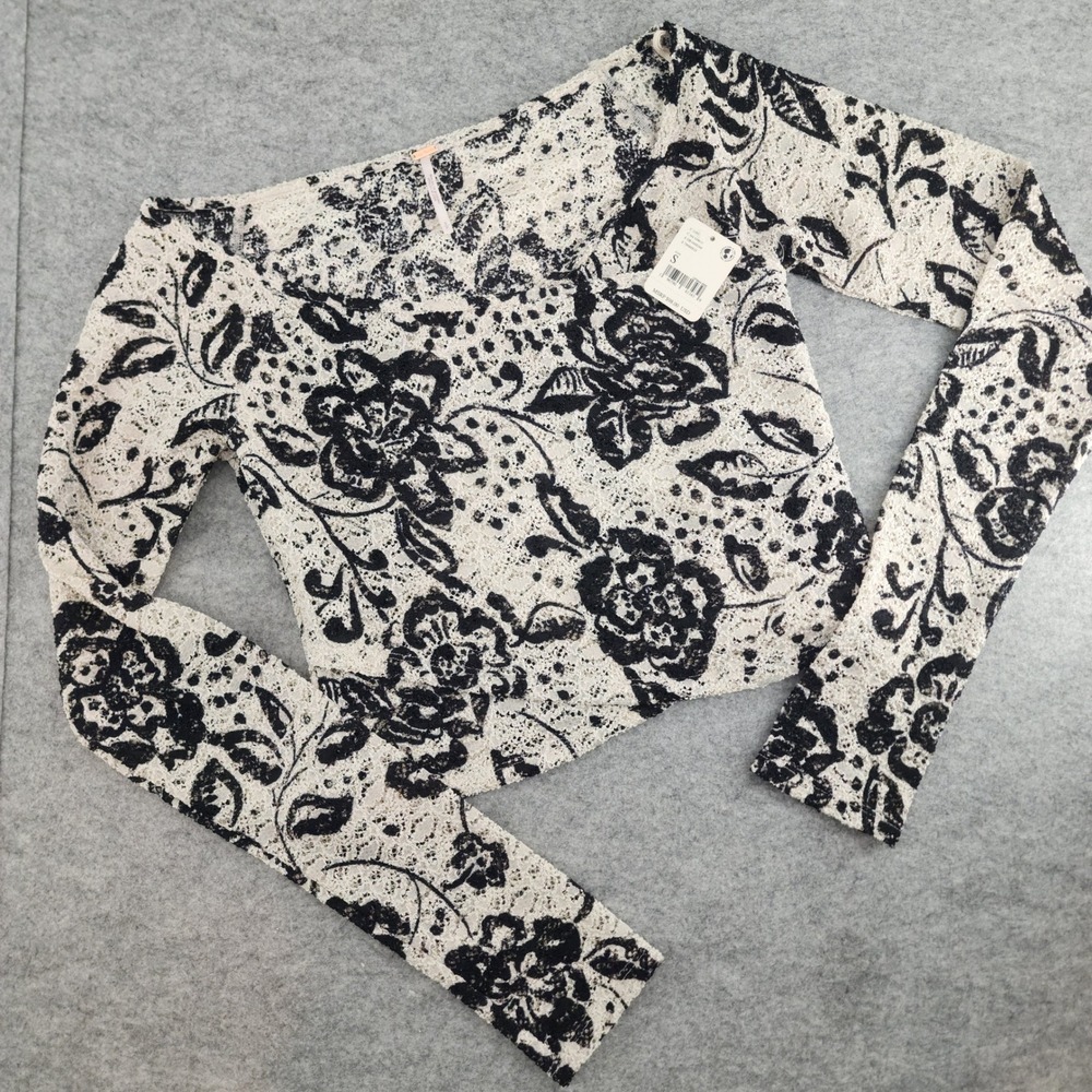 Free People Small | Cream Black Floral Lace Long Sleeve Cropped Square Neck Top